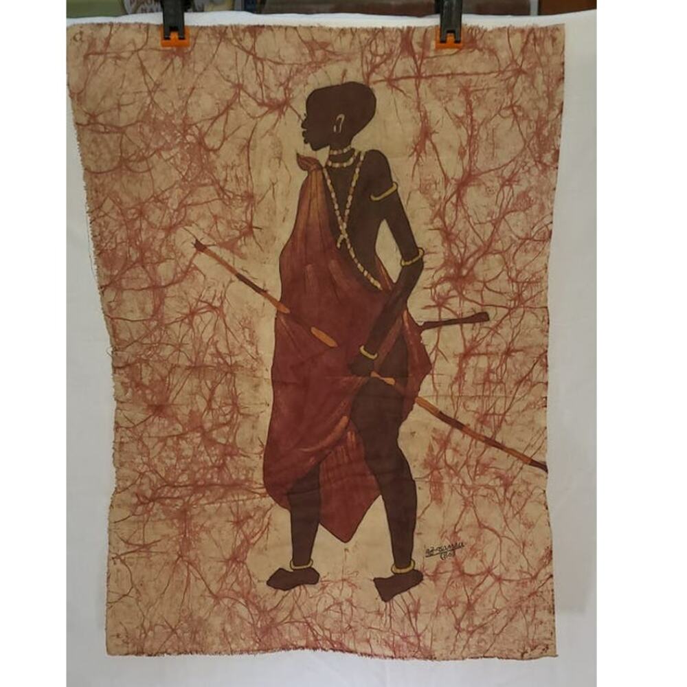 Vintage 1986 African Batik Cloth Art Signed A.B. Scomau – Woman with Spear